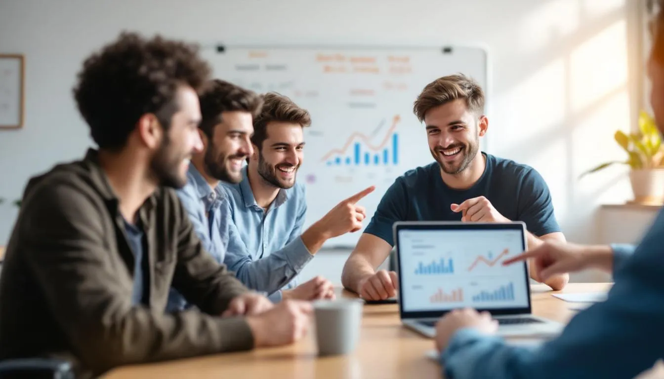 A group of startup founders is gathered around a table, celebrating as they review growth metrics displayed on their laptops. The atmosphere is filled with excitement, reflecting their achievements in digital marketing and the success of their startup marketing efforts.